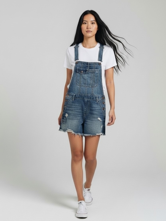 No Boundaries Denim - No Boundaries Distressed Blue Denim Short Overalls Juniors 7/9